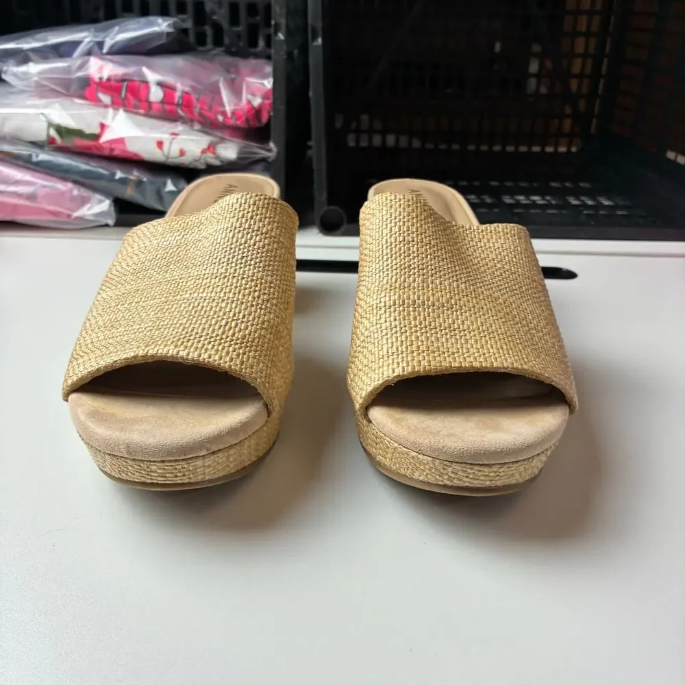 Anne Klein Payge Raffia Block Platform Heels Slip On Sandals 7.5 iFlex Stretch